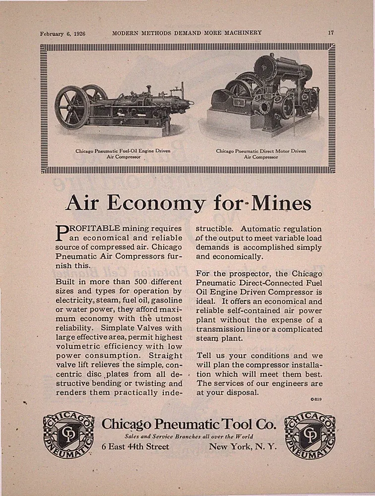 1926 Chicago Pneumatic Tool Co Ad: Fuel Oil Engine & Direct Motor Air Compressor
