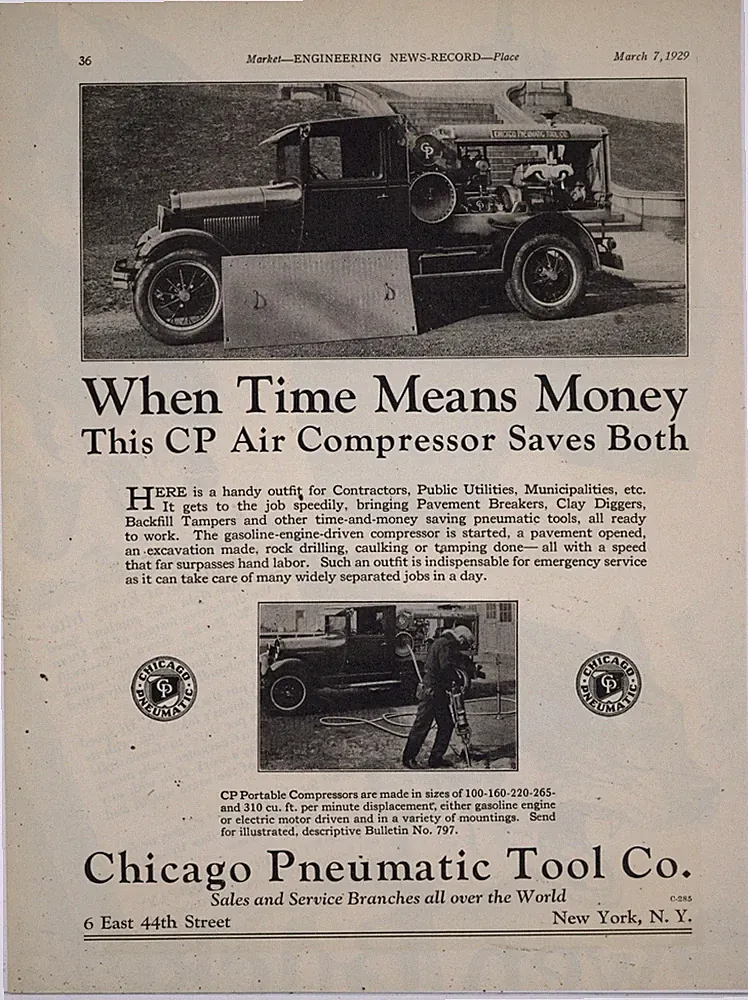 1929 Chicago Pneumatic Ad: Truck Mounted Portable Air Compressor - New York City